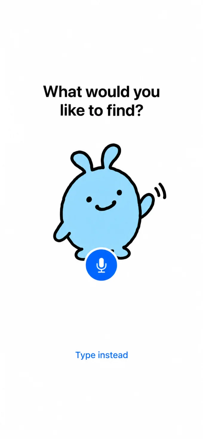 Findlet app: What would you like to find? Tap the blue mascot or type instead.